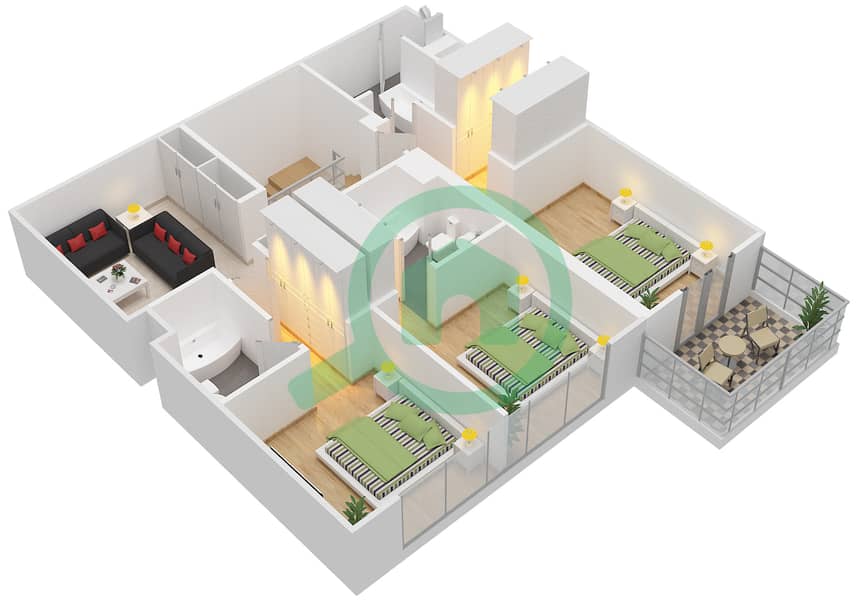 Al Zeina Building D - 4 Bedroom Apartment Type A7 Floor plan First Floor interactive3D