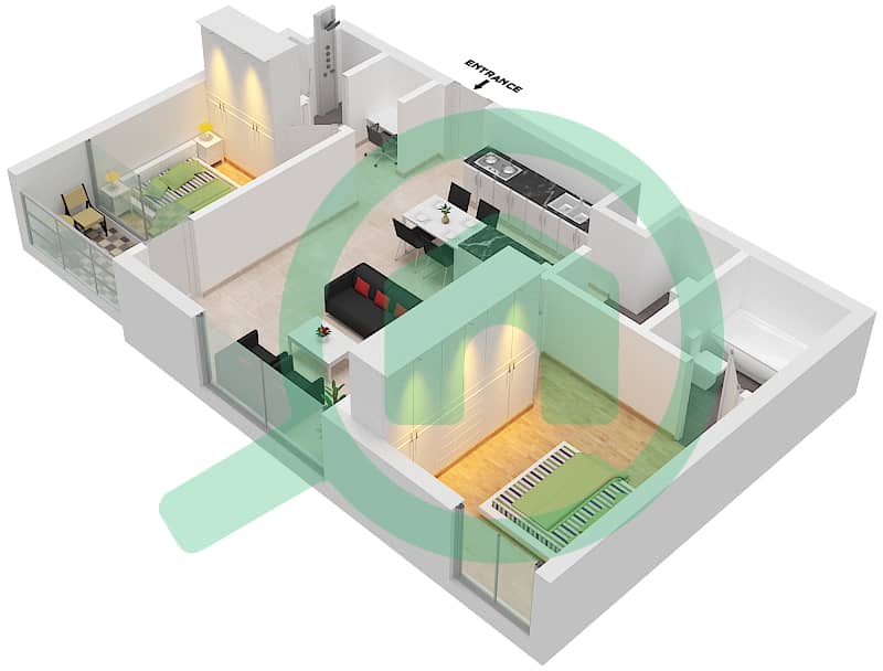 المخططات الطابقية لتصميم النموذج E شقة 2 غرفة نوم - برج ميرا شمس 2 interactive3D