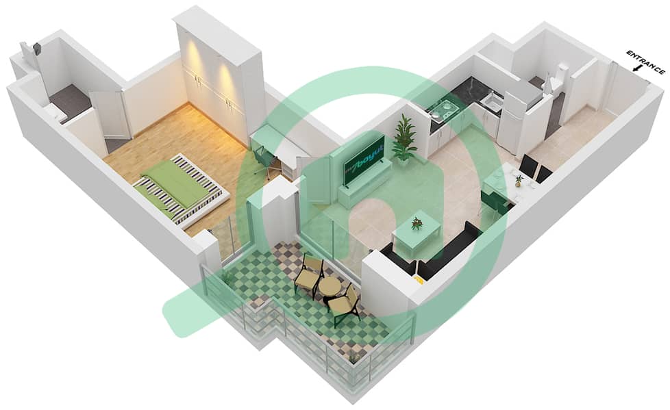 Al Raha Lofts - 1 Bedroom Apartment Type 1B-16 Floor plan interactive3D