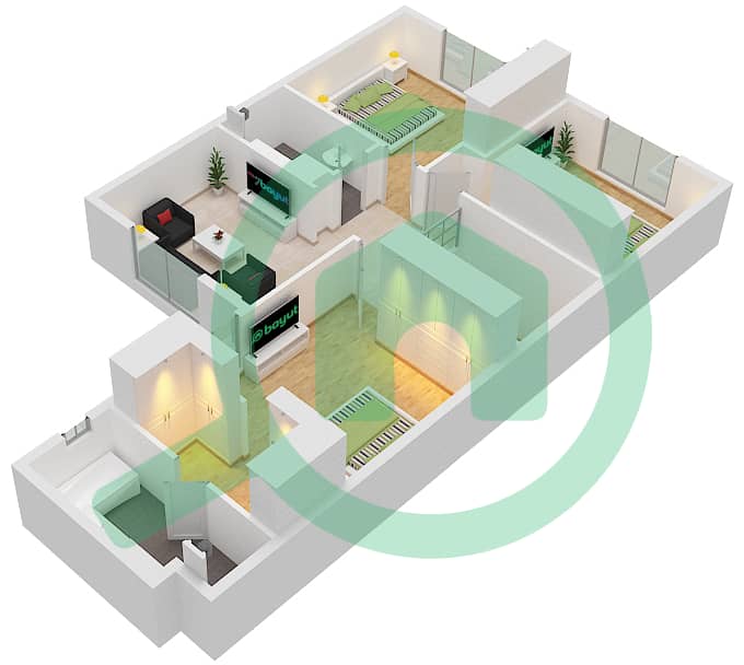 المخططات الطابقية لتصميم الوحدة MIDDLE فیلا 3 غرف نوم - مدينة الشارقة المستدامة Upper Floor interactive3D
