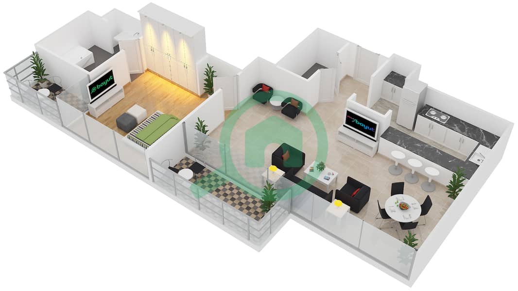 المخططات الطابقية لتصميم النموذج A شقة 1 غرفة نوم - مساكن ياسمينا Floor 3,5,7,8,R-10 interactive3D