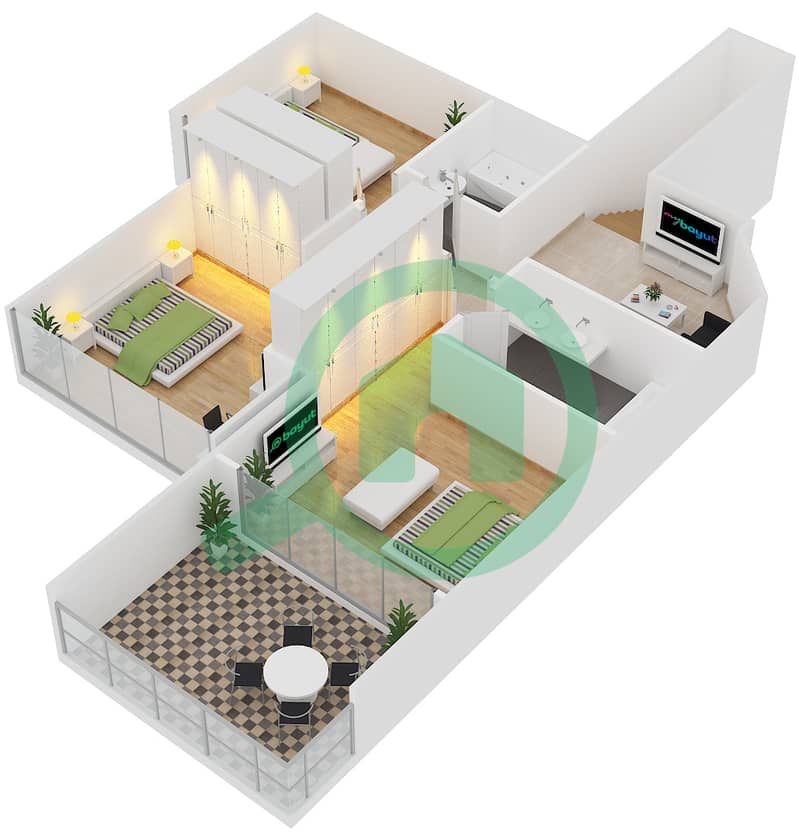 雅斯米娜公寓 - 3 卧室公寓类型B DUPLEX戶型图 Upper Floor interactive3D