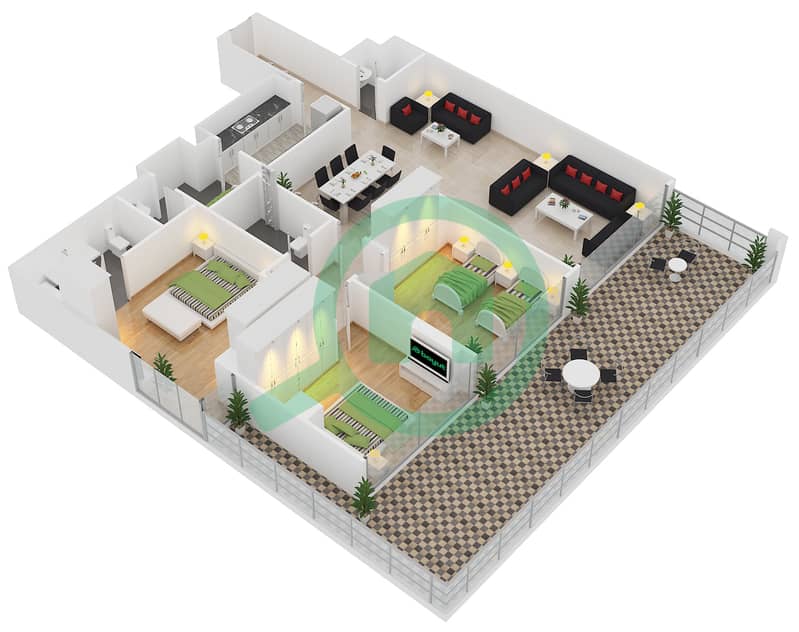 المخططات الطابقية لتصميم النموذج B FLOOR 2,4,6,R-10 شقة 3 غرف نوم - مساكن ياسمينا Floor 2,4,6,R-10 interactive3D