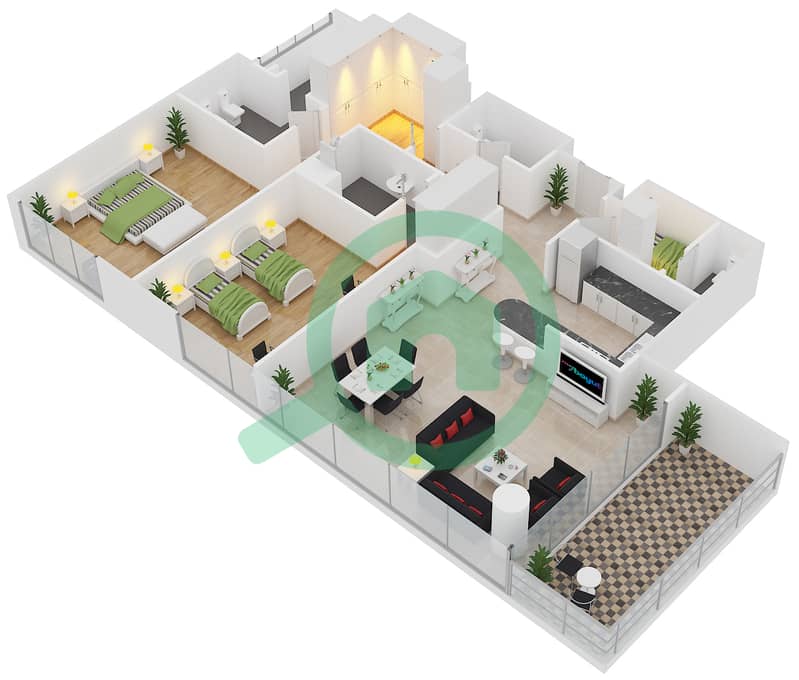المخططات الطابقية لتصميم النموذج C شقة 2 غرفة نوم - مساكن ياسمينا Floor 2,4,6,R-10 interactive3D