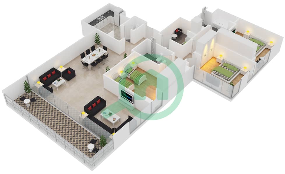 Yasmina Residence - 3 Bedroom Apartment Type E FLOOR 3,5,7,8,R10 Floor plan Floor 3,5,7,8,R10 interactive3D