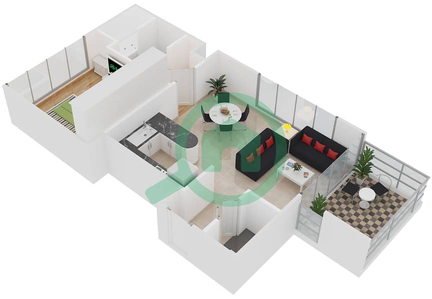 Yasmina Residence - 1 Bedroom Apartment Type E Floor plan Floor 2,4,6,R-10 interactive3D