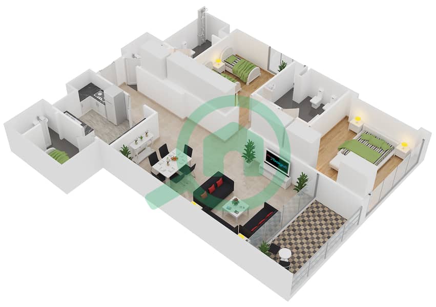 Ясмина Резиденции - Апартамент 2 Cпальни планировка Тип D Floor 2,4,6,R-10 interactive3D