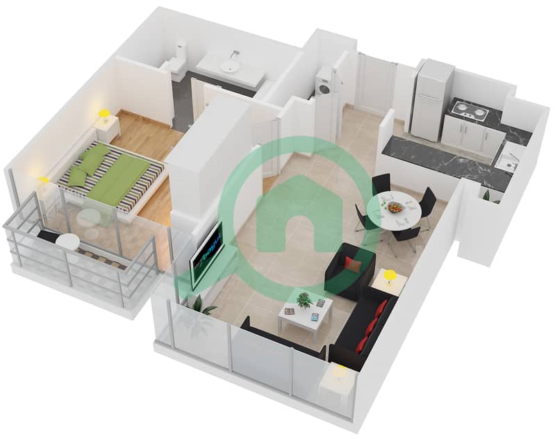 المخططات الطابقية لتصميم النموذج D شقة 1 غرفة نوم - مساكن ياسمينا interactive3D