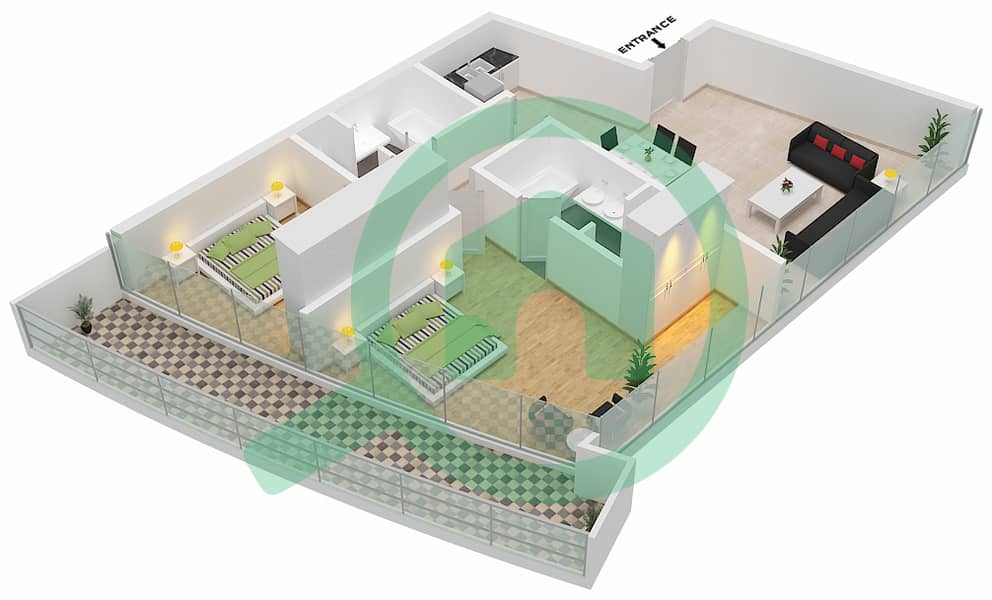 Marina Bay By DAMAC - 2 Bedroom Apartment Type A Floor plan interactive3D