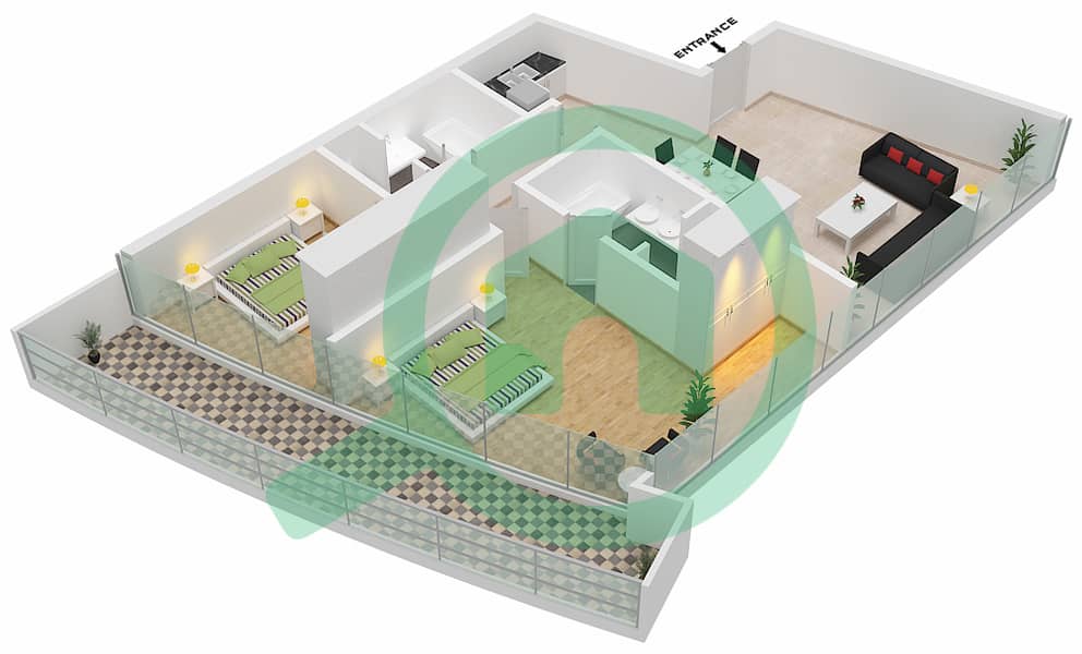 达马克滨海湾 - 2 卧室公寓类型A戶型图 interactive3D