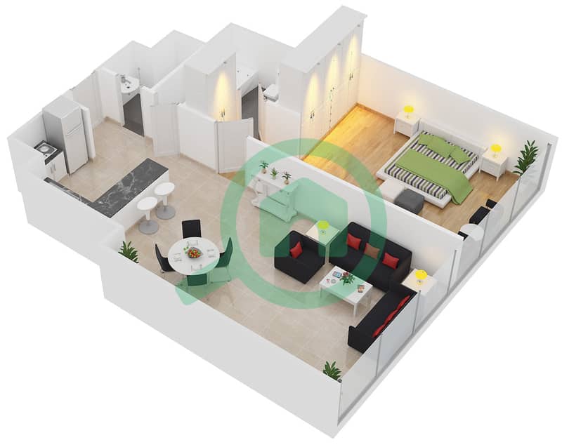المخططات الطابقية لتصميم الوحدة 7,14 شقة 1 غرفة نوم - برج البوابة 3 Floor 7-16 interactive3D