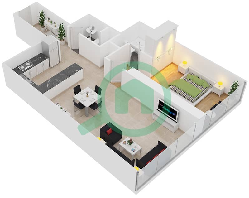 المخططات الطابقية لتصميم الوحدة 4 شقة 1 غرفة نوم - برج البوابة 3 Floor 7-34 interactive3D