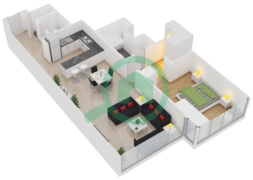 天门3号大厦 - 1 卧室公寓单位5,6,11,12 FLOOR 36-50戶型图 Floor 36-50 interactive3D