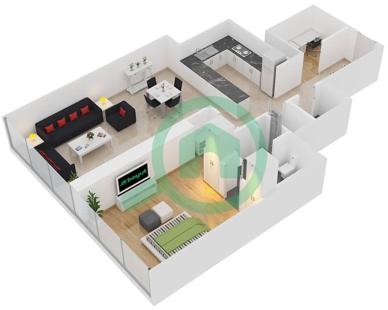 المخططات الطابقية لتصميم الوحدة 9,12 FLOOR 7-16 شقة 1 غرفة نوم - برج البوابة 3 Floor 7-16 interactive3D