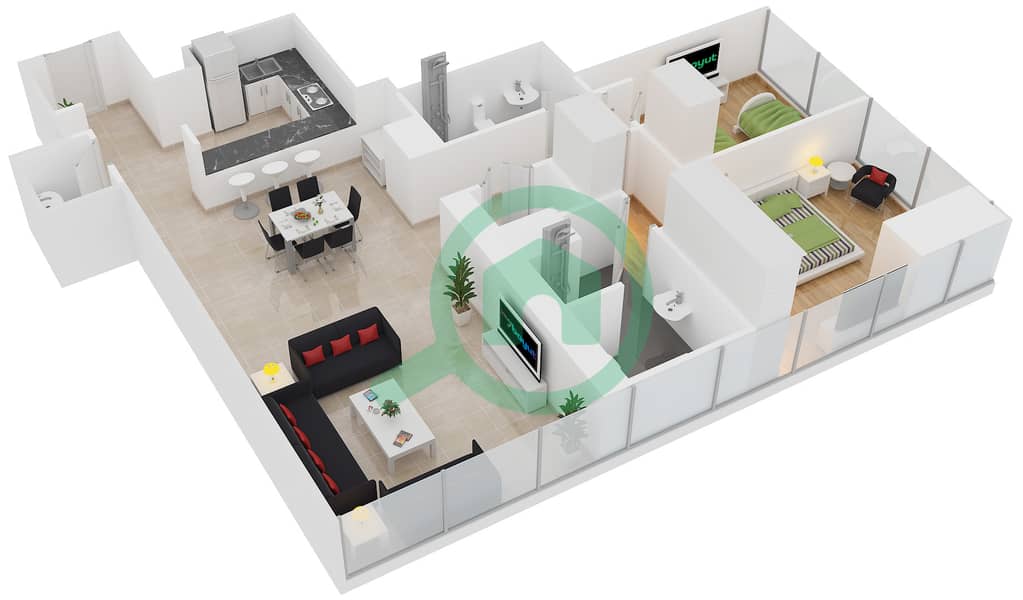 المخططات الطابقية لتصميم الوحدة 9,14 FLOOR 17-34 شقة 2 غرفة نوم - برج البوابة 3 Floor 17-34 interactive3D