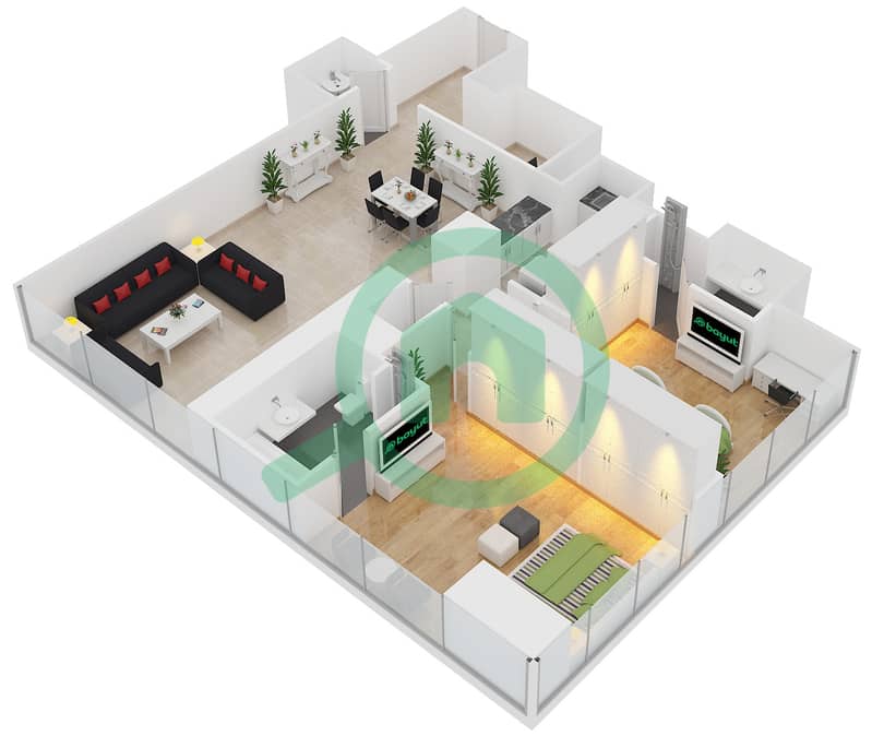 天门3号大厦 - 2 卧室公寓单位1,6,8,13 FLOOR 7-16戶型图 Floor 7-16 interactive3D