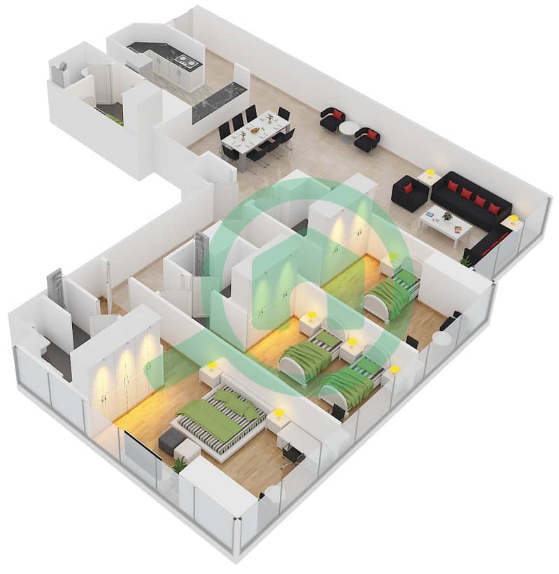 المخططات الطابقية لتصميم الوحدة 6,11 FLOOR 51-62 شقة 3 غرف نوم - برج البوابة 3 Floor 51-62 interactive3D
