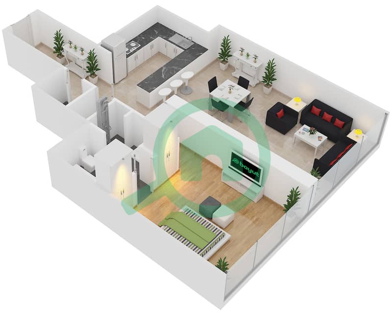 المخططات الطابقية لتصميم الوحدة 2,5 FLOOR 2-4 شقة 1 غرفة نوم - برج البوابة 3 Floor 2-4 interactive3D