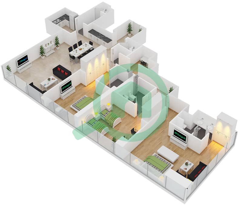 المخططات الطابقية لتصميم الوحدة 1,4,7,10 شقة 3 غرف نوم - برج البوابة 3 Floor 36-50 interactive3D