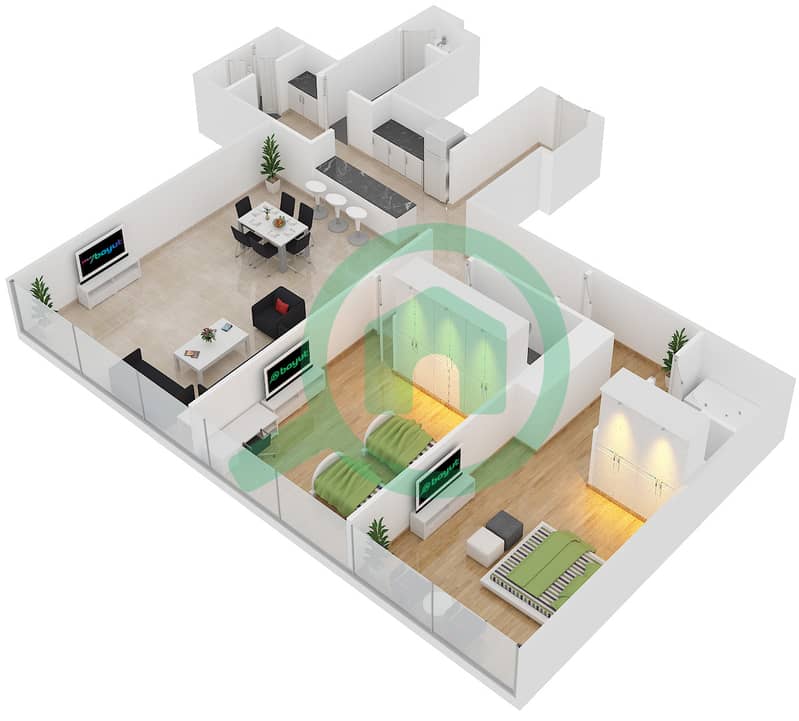المخططات الطابقية لتصميم الوحدة 1,4,7,10 شقة 2 غرفة نوم - برج البوابة 3 Floor 51-62 interactive3D
