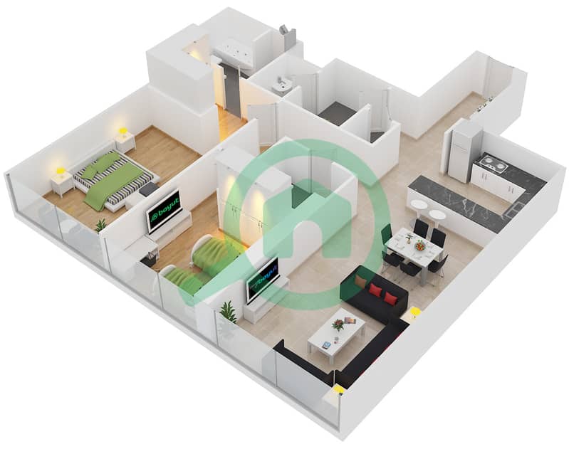 天门3号大厦 - 2 卧室公寓单位3戶型图 Floor 17-34 interactive3D