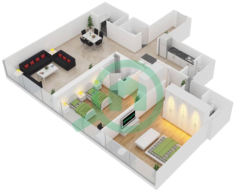 المخططات الطابقية لتصميم الوحدة 2,3,8,9 FLOOR 51-62 شقة 2 غرفة نوم - برج البوابة 3 Floor 51-62 interactive3D