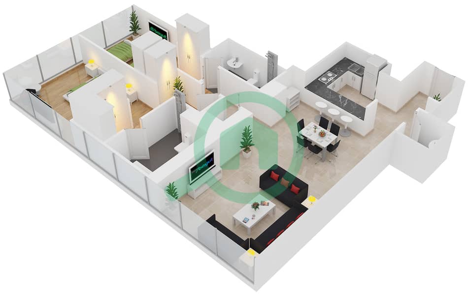 المخططات الطابقية لتصميم الوحدة 1,6 FLOOR 17-34 شقة 2 غرفة نوم - برج البوابة 3 Floor 17-34 interactive3D