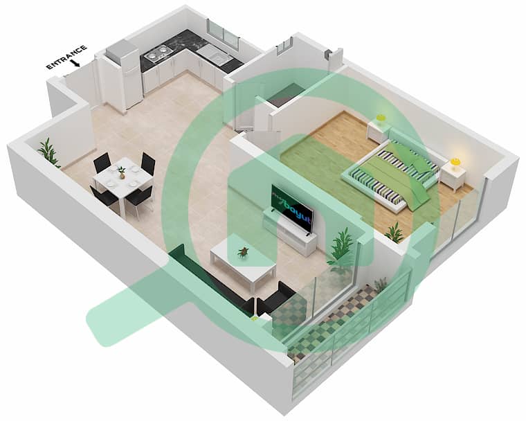 Ajman Clock Tower - 1 Bedroom Apartment Unit 02 FLOOR 1-12 Floor plan Floor 1-12 interactive3D