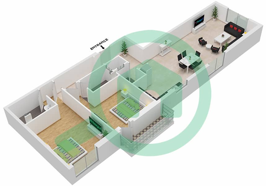 阿治曼时钟大厦 - 2 卧室公寓单位01 FLOOR 1-12 NORTH戶型图 Floor 1-12 interactive3D