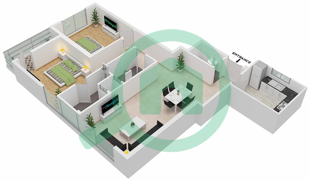 المخططات الطابقية لتصميم الوحدة 04 FLOOR 1-12 NORTH شقة 2 غرفة نوم - برج الساعة عجمان Floor 1-12 interactive3D