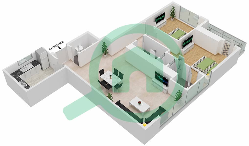 阿治曼时钟大厦 - 2 卧室公寓单位07 FLOOR 1-12 NORTH戶型图 Floor 1-12 interactive3D