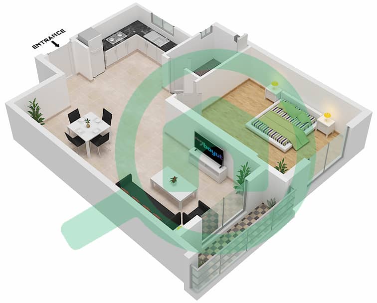 المخططات الطابقية لتصميم الوحدة 02 FLOOR 13-24 NORTH شقة 1 غرفة نوم - برج الساعة عجمان Floor 13-24 interactive3D