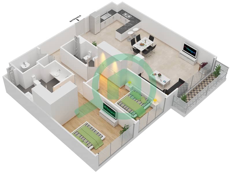 Grenland Residence - 2 Bedroom Apartment Type D Floor plan interactive3D