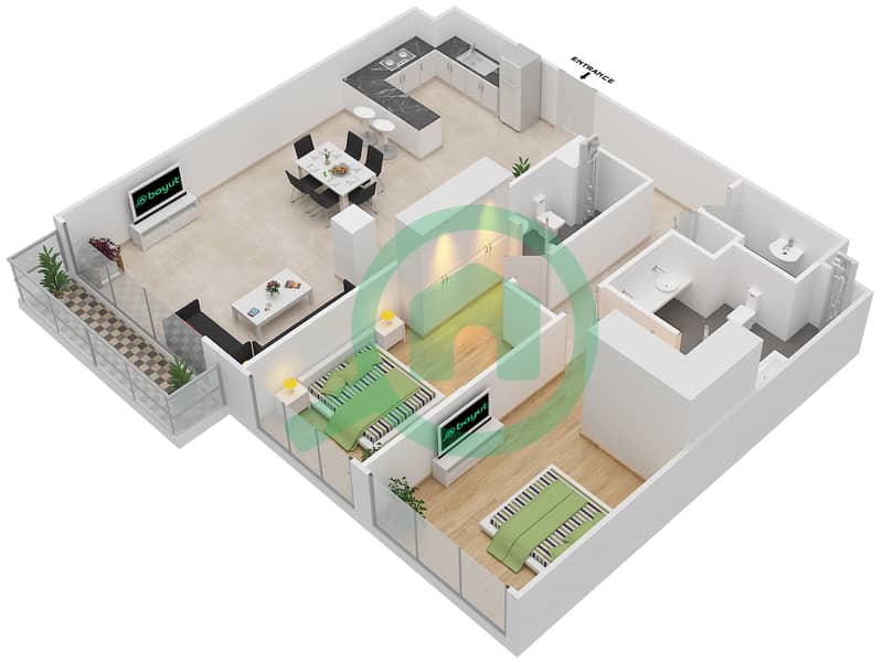 Grenland Residence - 2 Bedroom Apartment Type E Floor plan interactive3D