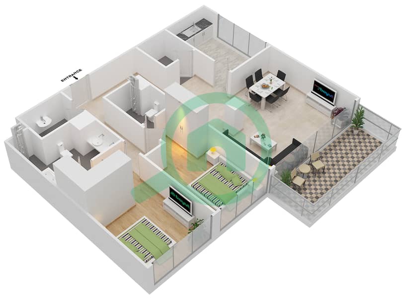 المخططات الطابقية لتصميم النموذج F شقة 2 غرفة نوم - جرنلاند ريزيدنس interactive3D