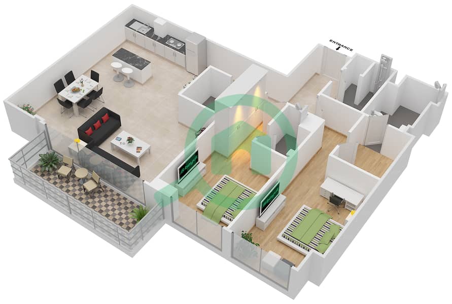 المخططات الطابقية لتصميم النموذج G1 شقة 2 غرفة نوم - جرنلاند ريزيدنس interactive3D