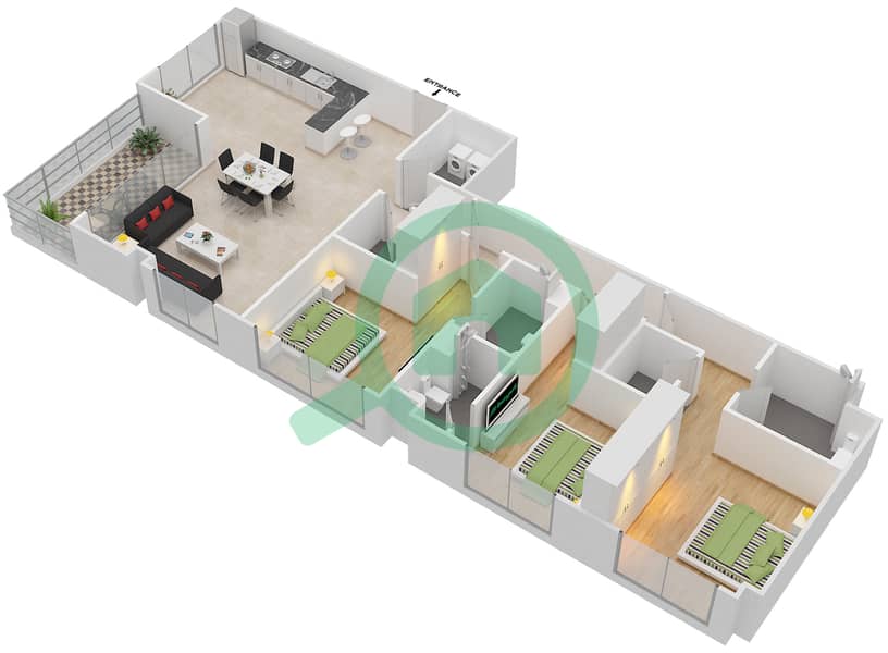 المخططات الطابقية لتصميم النموذج A1 شقة 3 غرف نوم - جرنلاند ريزيدنس interactive3D