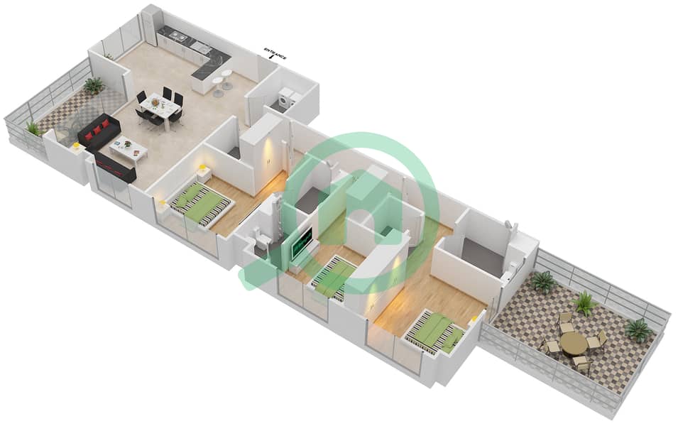 المخططات الطابقية لتصميم النموذج A3 شقة 3 غرف نوم - جرنلاند ريزيدنس interactive3D