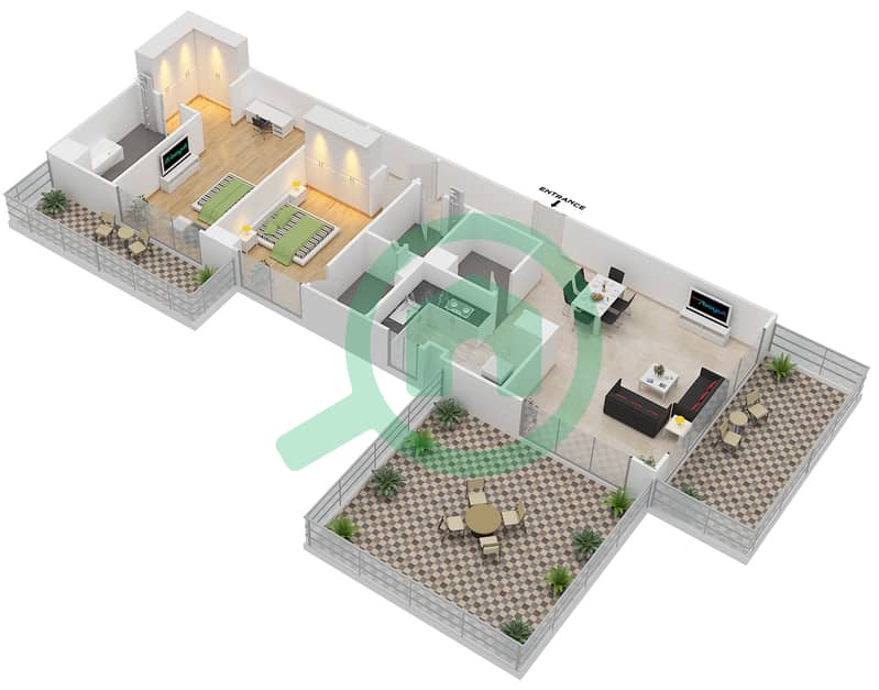 المخططات الطابقية لتصميم النموذج H2 شقة 2 غرفة نوم - جرنلاند ريزيدنس interactive3D