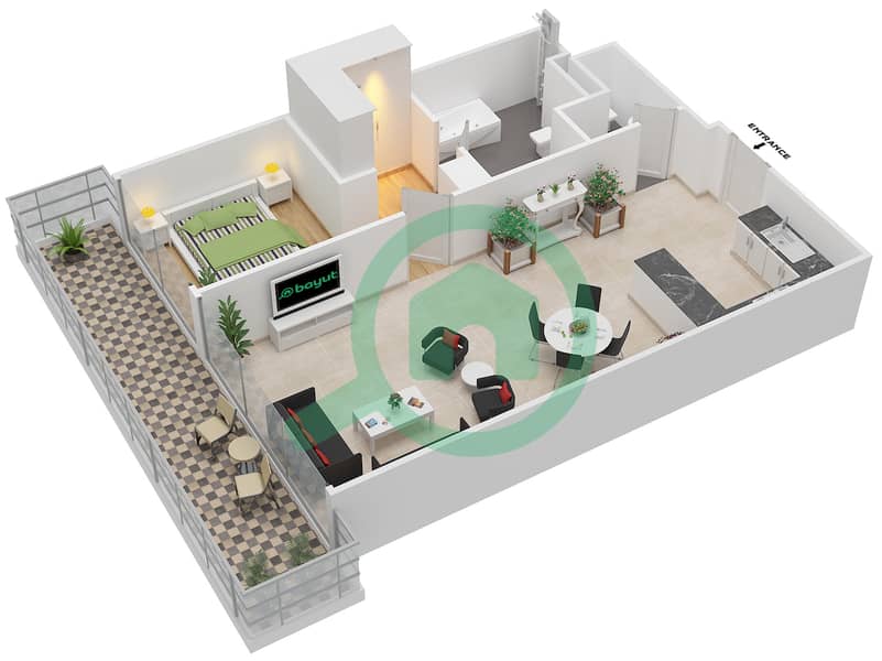 格林兰特公寓 - 1 卧室公寓类型A戶型图 interactive3D