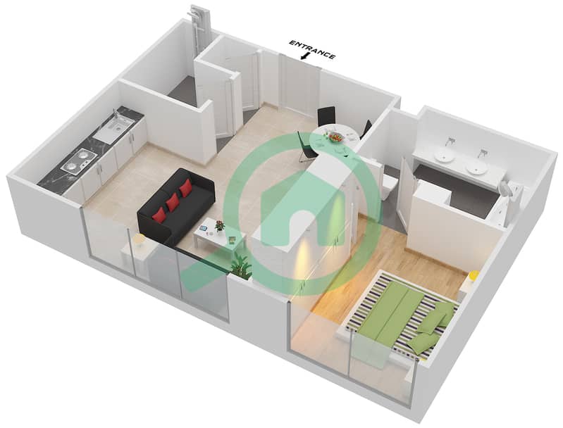 المخططات الطابقية لتصميم النموذج B شقة 1 غرفة نوم - جرنلاند ريزيدنس interactive3D