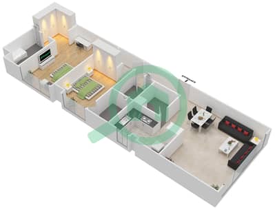 المخططات الطابقية لتصميم النموذج H1 شقة 2 غرفة نوم - جرنلاند ريزيدنس