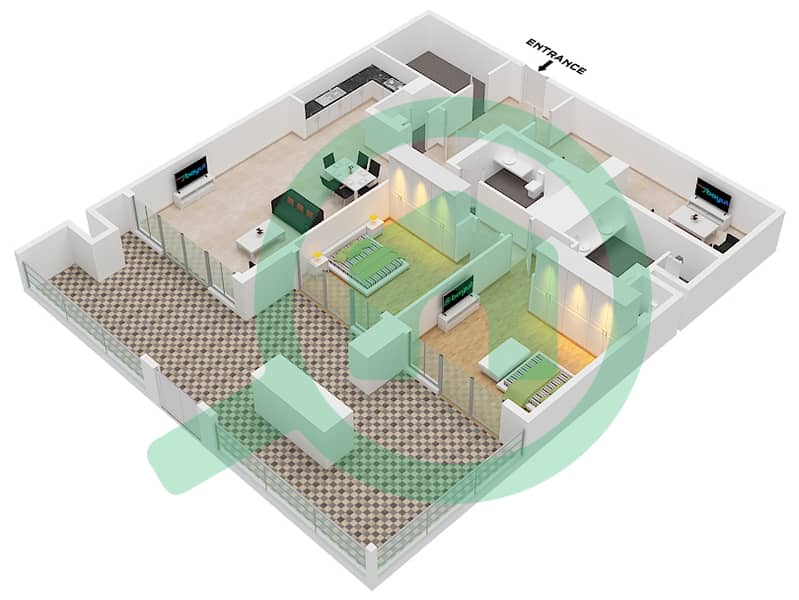 المخططات الطابقية لتصميم النموذج A1C شقة 2 غرفة نوم - الزينة E interactive3D