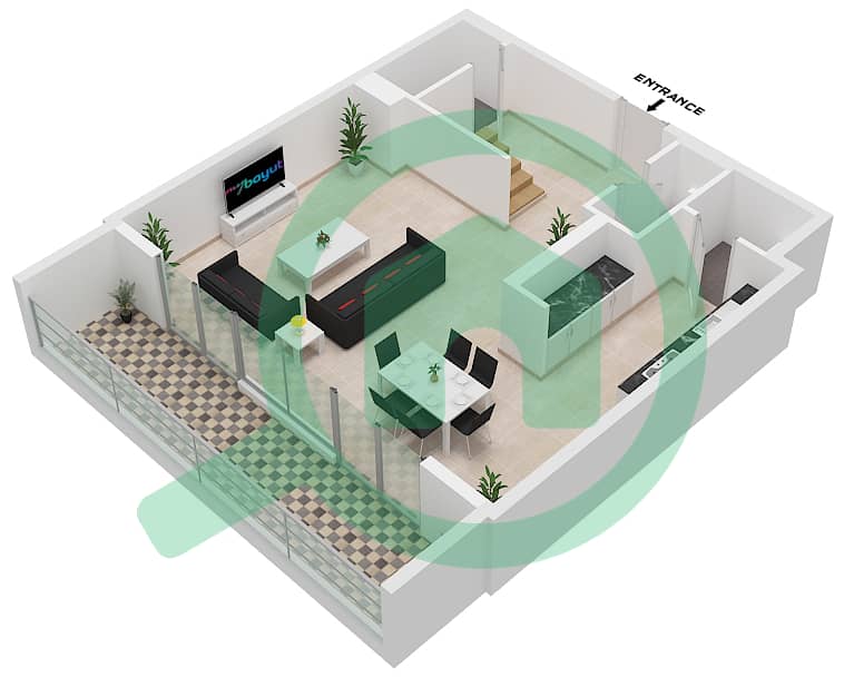 المخططات الطابقية لتصميم النموذج A2 شقة 2 غرفة نوم - الزينة E Lower Floor interactive3D