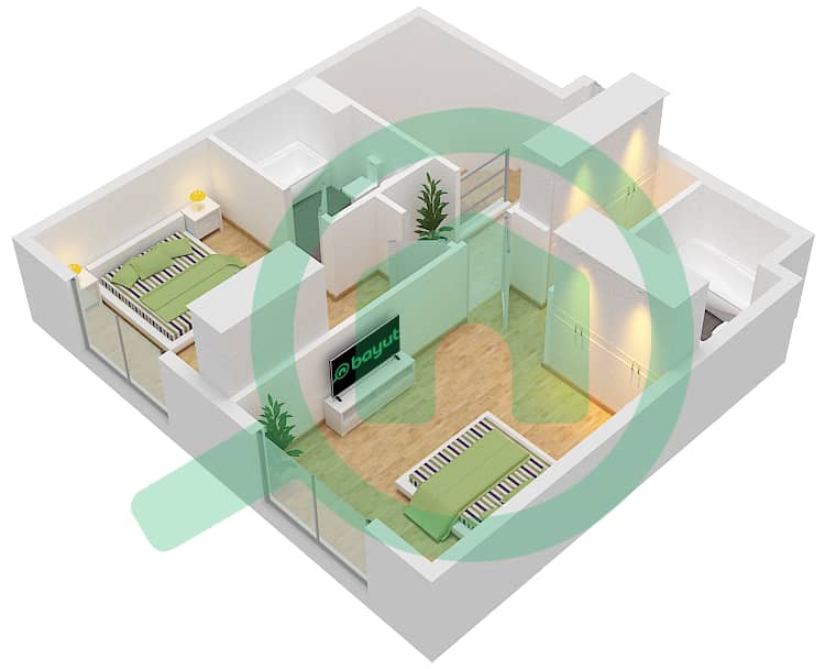 المخططات الطابقية لتصميم النموذج A2 شقة 2 غرفة نوم - الزينة E Upper Flooor interactive3D