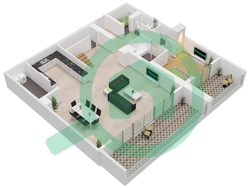 Al Zeina Building E - 4 Bedroom Apartment Type A7 Floor plan Lower Floor interactive3D