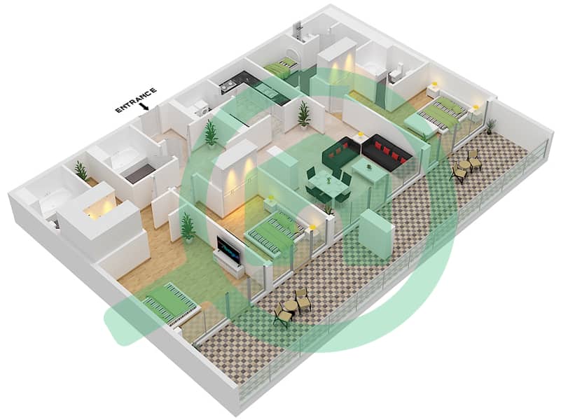 المخططات الطابقية لتصميم النموذج A9 شقة 3 غرف نوم - الزينة E Floor 3,4 interactive3D