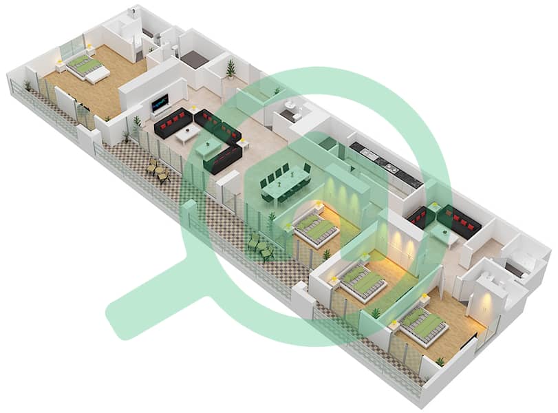 Al Zeina Building E - 4 Bedroom Apartment Type E1 Floor plan Floor 3,4 interactive3D
