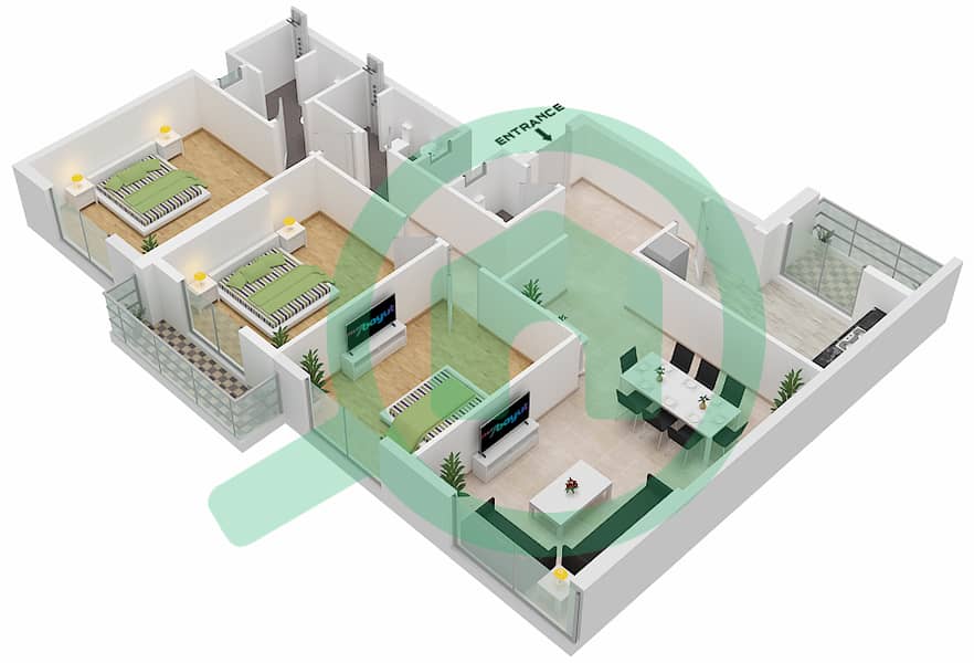 阿治曼时钟大厦 - 3 卧室公寓单位07 FLOOR 13-24 NORTH戶型图 Floor 13-24 interactive3D