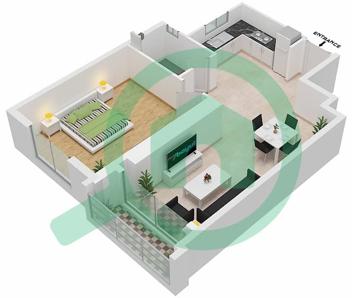 Ajman Clock Tower - 1 Bedroom Apartment Unit 03 FLOOR 1-12 SOUTH Floor plan Floor 1-12 interactive3D